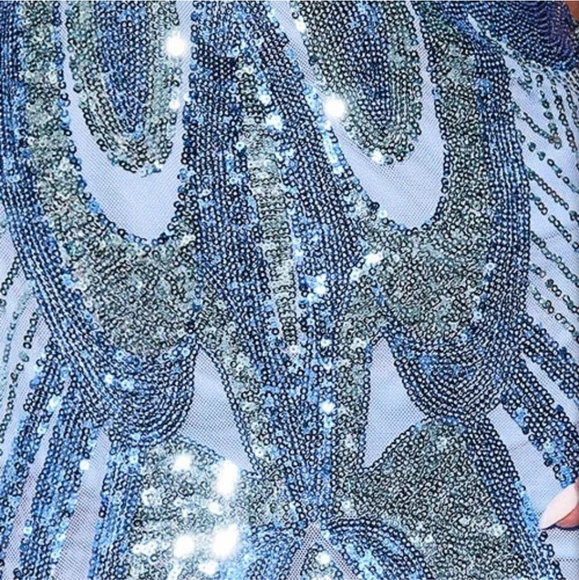 Blue, Graphic,  V Neck, Sleeveless,  Case Up Back, Sequined Mermaid Gown - Picture 4 of 16